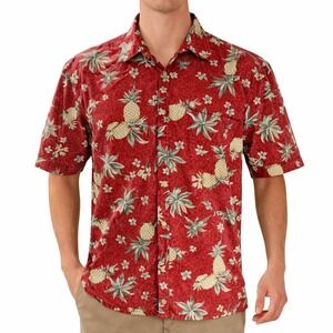 Campia Moda Hawaiian‎ Aloha Shirt Large Floral Pineapples Palm Trees Red Tan